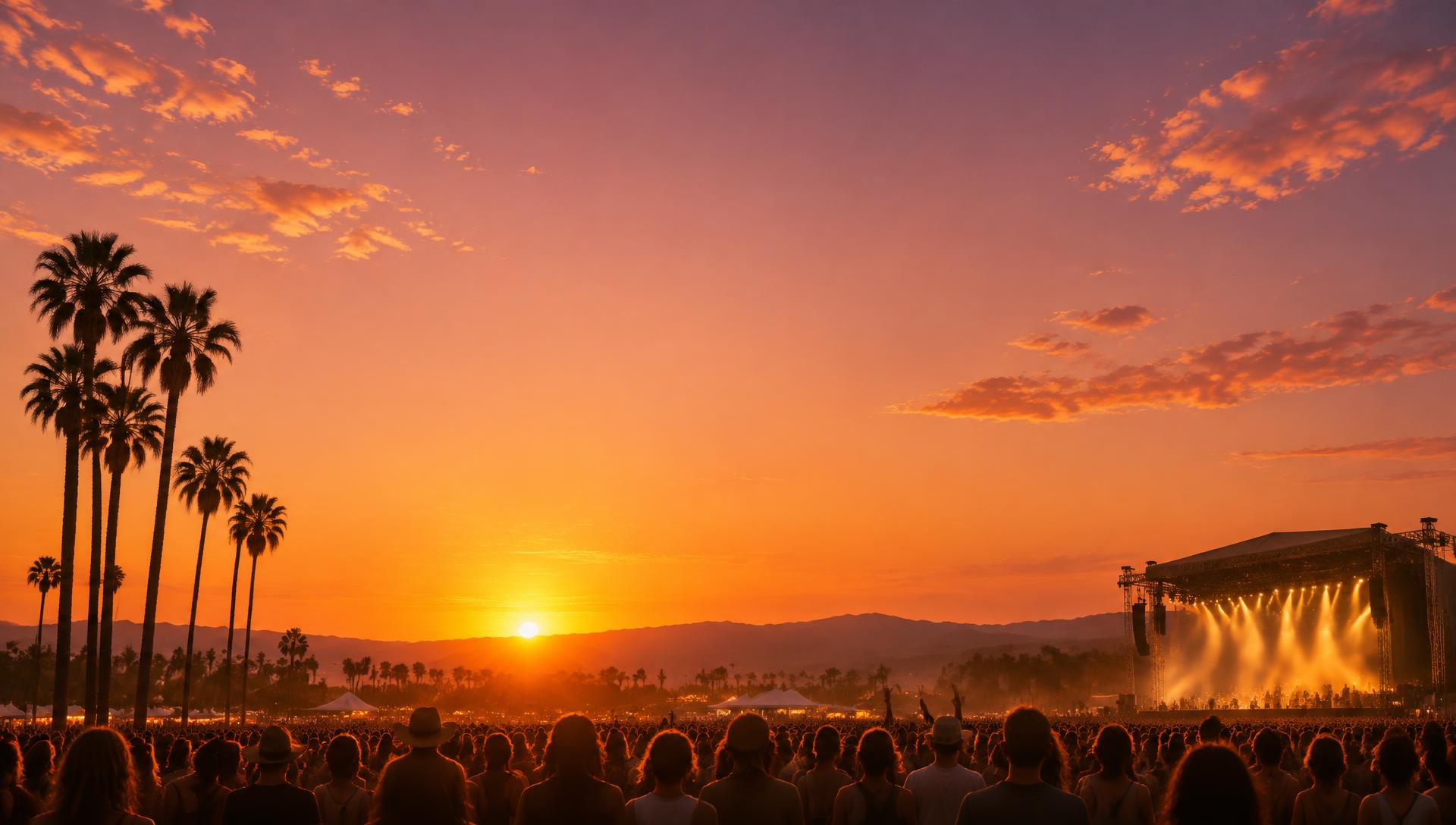 An imagined open-air festival at sunset with palms and a stage